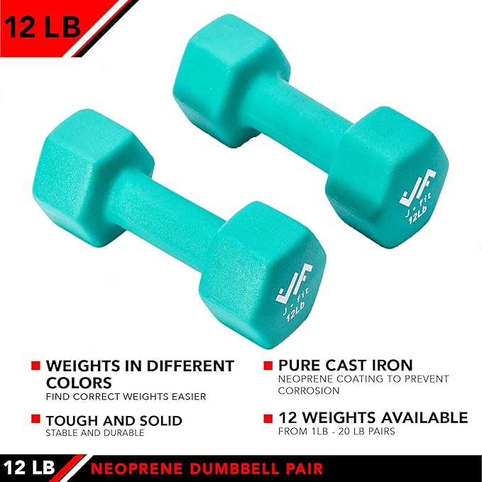 JFIT Dumbbell Pairs or Sets – Neoprene & Vinyl Coated Hand Weights for Home Gym, Strength Training
