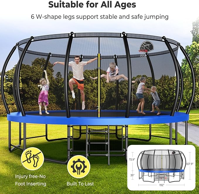 12 14 15 16FT Trampoline Outdoor with Basketball Hoop, Trampoline with Lights for Kids and Adults