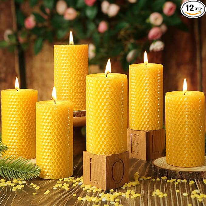 12 Pack Honeycomb Beeswax Candles,240 Hours Long Burning Natural Handmade Beeswax Rolled Pillar