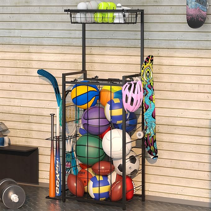 Sports Equipment Organizer, Small Garage Ball Storage Rack with Elastic Straps and 3 Hooks, Garage