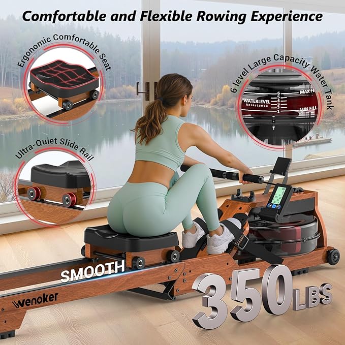 Water Rowing Machine for Home Use, WENOKER Wooden Foldable Rower Machine with Adjustable Monitor &