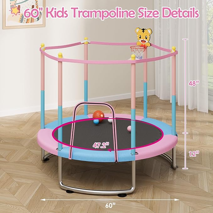 Kids Trampoline with Safety Net – 440lbs Capacity, Upgraded Rust-Proof Ring Legs, Adjustable