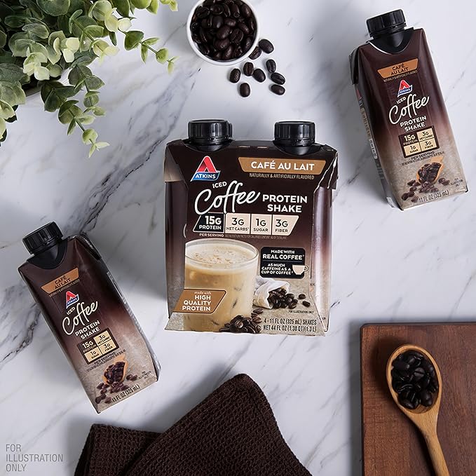 Atkins Café au Lait Iced Coffee Flavored Protein Shake, High Protein Shake, Low Sugar, Low Carb and