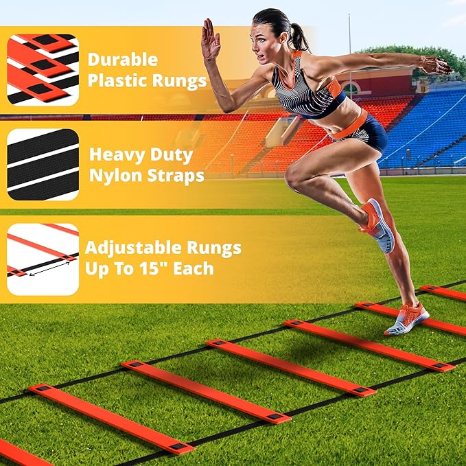 Yes4All Agility Ladder Speed Training Equipment Set - 1 Adjustable Agility Ladder, 12 Soccer Cones