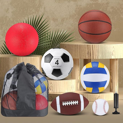 Deekin 12 Pcs Assorted Sport Ball Set Official Size Basketball, Football, Volleyball, Soccer