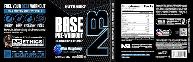 NutraBio Base Pre-Workout Powder 200mg Caffeine, Sustained Energy, Focus, Endurance, Pump, Sugar