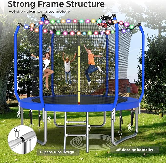 Upgraded Trampoline 8FT/10FT/12FT/14FT With Basketball Hoop, Light, Sprinkler, Stakes - Outdoor