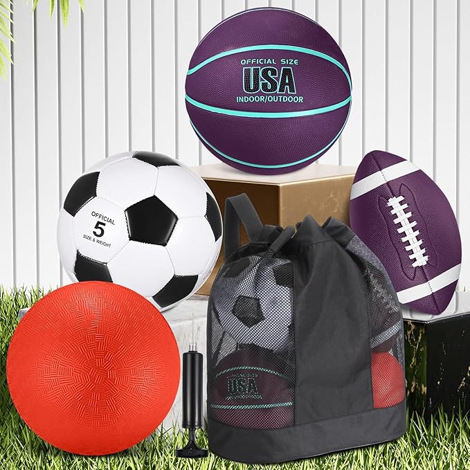 Lenwen 4 Pcs Sports Balls Set, Include Official Size Basketball Soccer Football Playground Ball