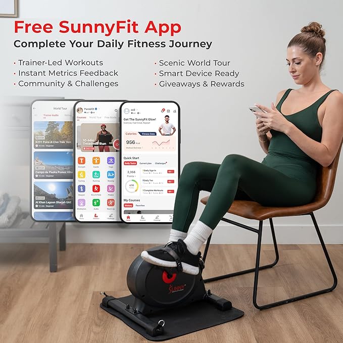 Sunny Health & Fitness Smart Under-Desk Bike Exerciser, Low-Impact Cardio Cycling Equipment for