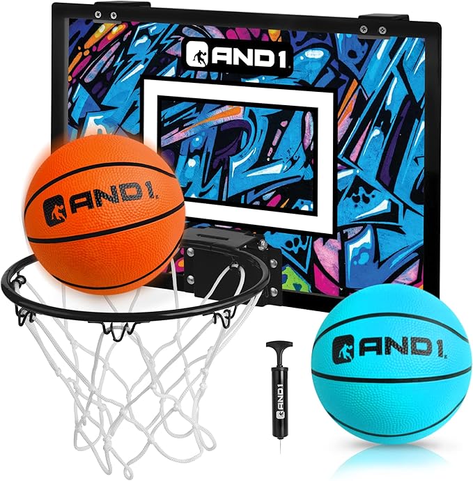 AND1 Over the Door Mini Basketball Hoop: 18x12 Shatterproof Backboard, 2 Mini Basketballs, and Hand