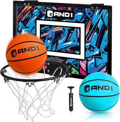 AND1 Over the Door Mini Basketball Hoop: 18x12 Shatterproof Backboard, 2 Mini Basketballs, and Hand