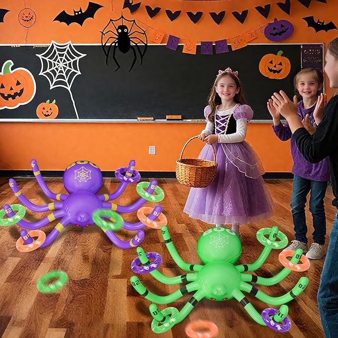 Halloween Spider Ring Toss Game, 2 Pack Inflatable Green and Purple Spiders with Rings and Pump