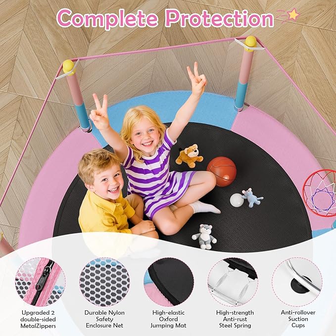 Kids Trampoline with Safety Net – 440lbs Capacity, Upgraded Rust-Proof Ring Legs, Adjustable