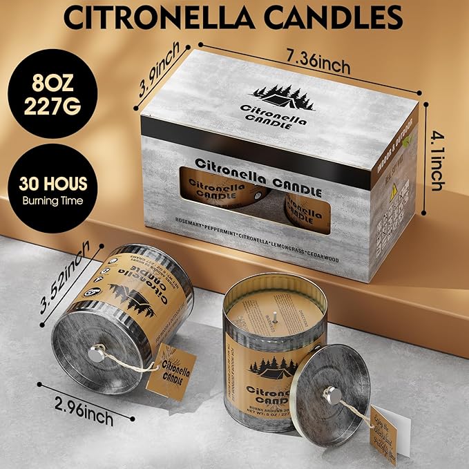 Citronella Outdoor Candle Set | 2-Pack 454g 80H Burn Time | Pure Soy Wax Jar Tin Outdoor Safety