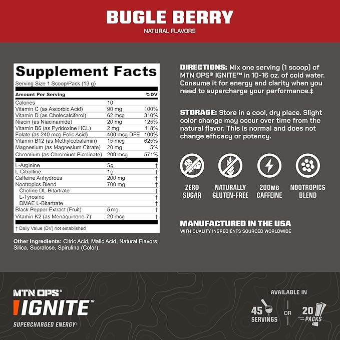 MTN OPS Ignite Trail Packs Energy Drink Powder, Gluten Free Nootropic Supplement Drink Mix, L