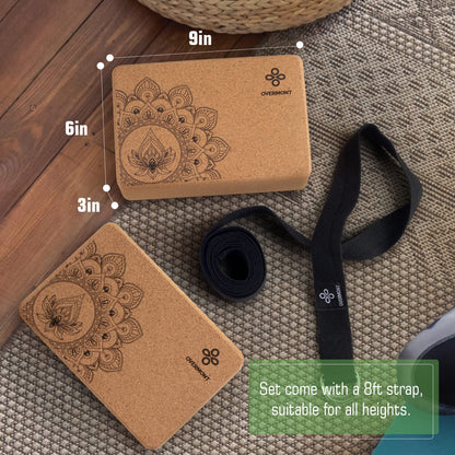 Overmont Cork Yoga Blocks 2 pack with 8ft Strap Natural Cork Bricks