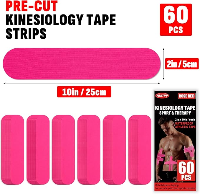 60PCS Precut Kinesiology Tape Strips, 2 inch x 10 inch Athletic Tape, Kinetic Tape, Elastic Muscle