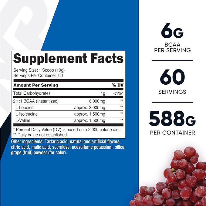 Nutricost BCAA Powder (Grape, 60 Servings) - Optimal 2:1:1 Ratio, Vegetarian Friendly, Non-GMO