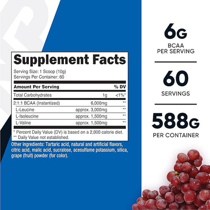 Nutricost BCAA Powder (Grape, 60 Servings) - Optimal 2:1:1 Ratio, Vegetarian Friendly, Non-GMO