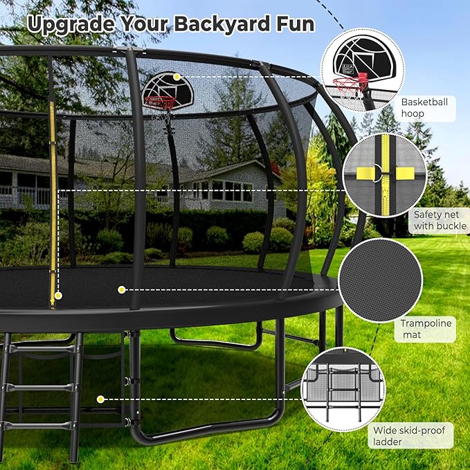12 14 15 16FT Outdoor Trampolines for Kids and Adults, Pumpkin Trampolin with Curved Poles