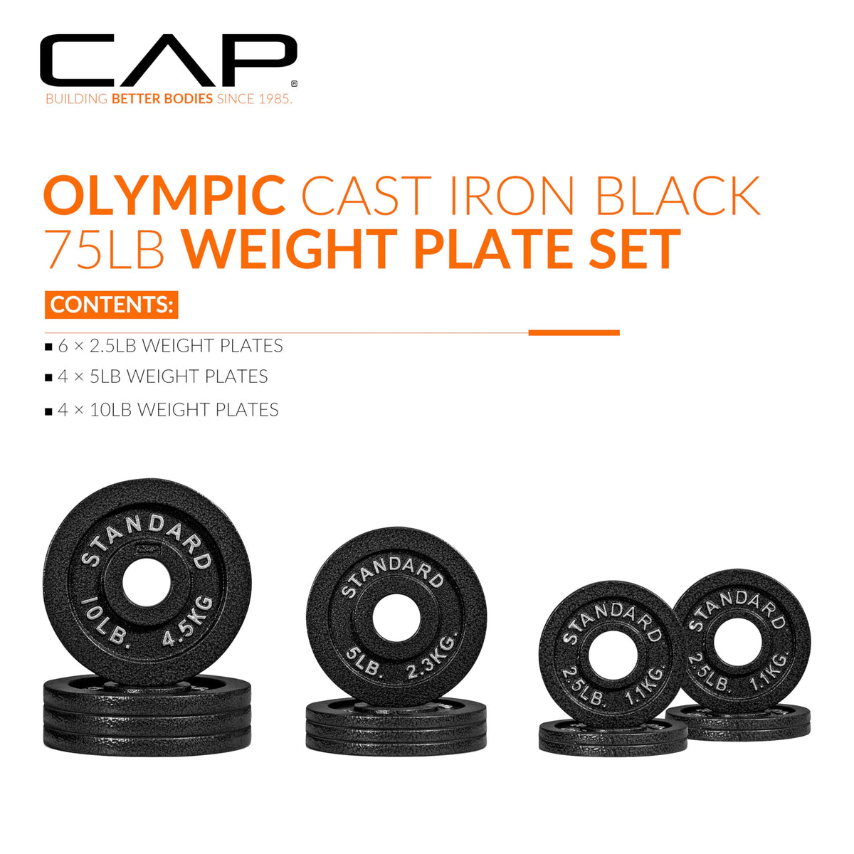 CAP Barbell 75 LB Classic Olympic 2-Inch Cast Iron Weight Plate Set | Black