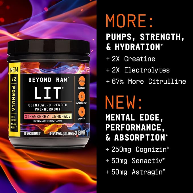 BEYOND RAW LIT V2 Clinical Strength Pre Workout Powder, Hits Harder, Bigger Pumps, Caffeine