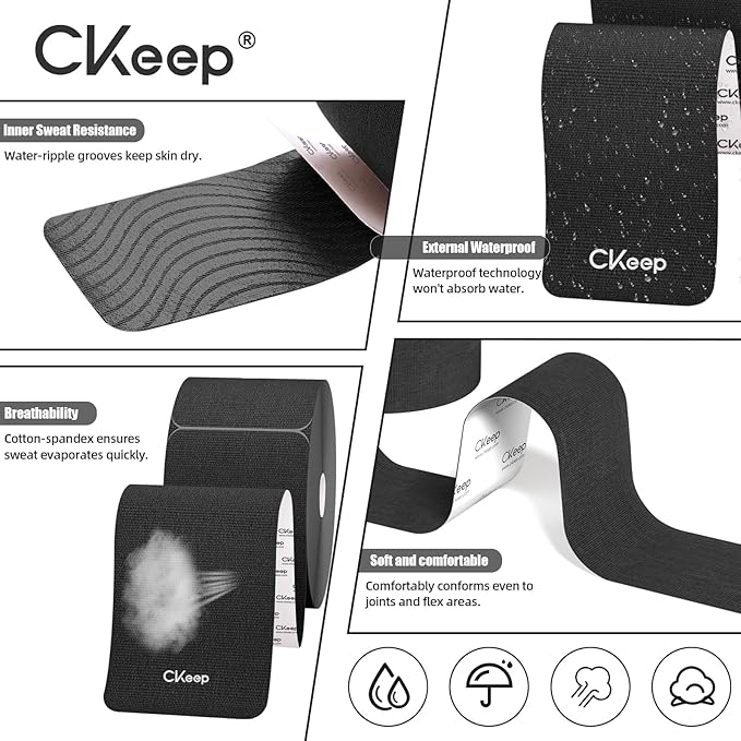 CKeep 4 Rolls Kinesiology Tape, Original Cotton Elastic Athletic Tape, 20 Precut 10" Strips Each