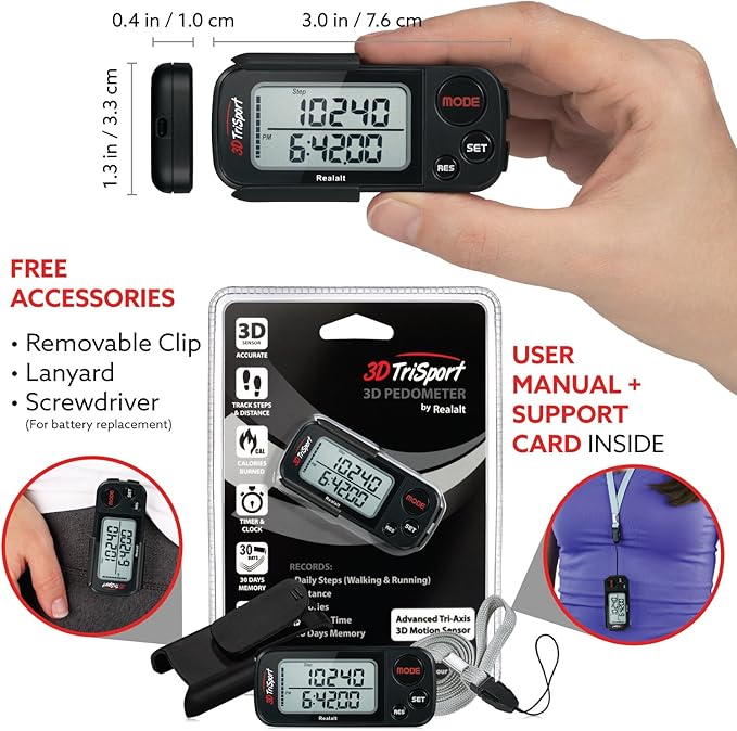 3DTriSport Walking 3D Pedometer with Clip & Strap, eBook Included | 30 Days Memory, Accurate Step