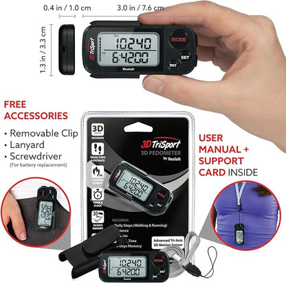 3DTriSport Walking 3D Pedometer with Clip & Strap, eBook Included | 30 Days Memory, Accurate Step