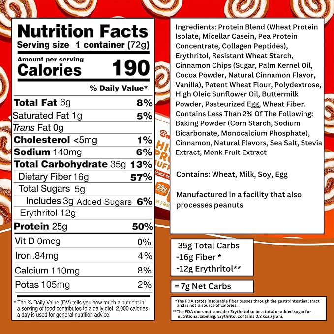 Bootylicious | High-Protein Muffin | 25g Protein, 7g Net Carbs, 2.32-2.75oz Cup, 12-Pack (Cinnamon