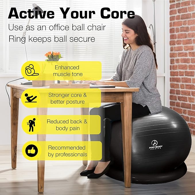 ProBody Pilates Yoga Ball Chair, Exercise Ball Chair with Base or Stand for Home Office Desk