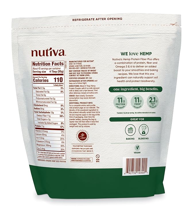 Nutiva USDA Organic Cold-Pressed Hemp Seed Plant Protein Power, 3 Pound, Fiber Plus with Essential