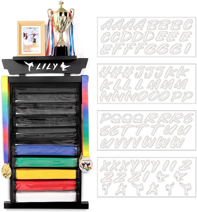 Tilhumt 12/10 Belts Karate Belt Display Rack with Stickers, Taekwondo Belt Display with