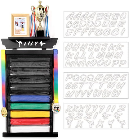 Tilhumt 12/10 Belts Karate Belt Display Rack with Stickers, Taekwondo Belt Display with