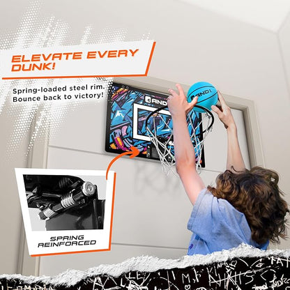 AND1 Over the Door Mini Basketball Hoop: 18x12 Shatterproof Backboard, 2 Mini Basketballs, and Hand