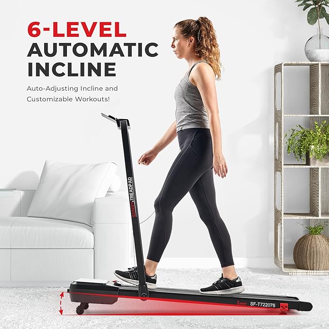 Sunny Health & Fitness Sleek Compact Smart Treadpad Treadmill with 6-Level Auto Incline, Remote
