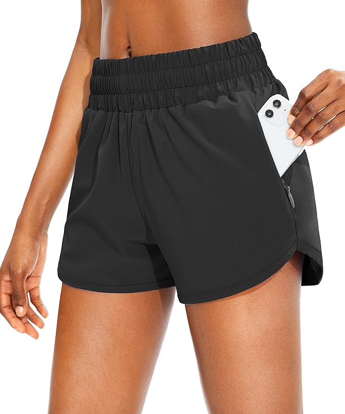 SANTINY Women's Running Shorts with Zip Pockets High Waisted Athletic Workout Gym Shorts for Women