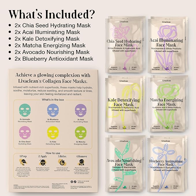LivaClean 12 CT Face Masks Skincare - Collagen Sheet Mask - Hydrating Face Masks Bulk with