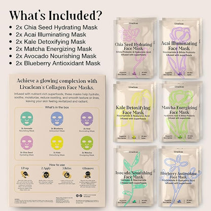 LivaClean 12 CT Face Masks Skincare - Collagen Sheet Mask - Hydrating Face Masks Bulk with