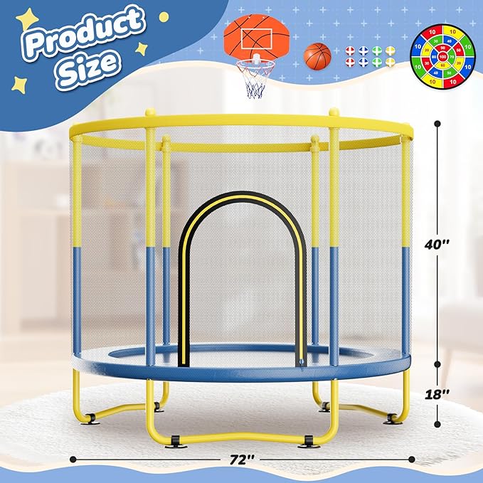 6FT Indoor Trampoline for Kids Ages 1-8, 72" Mini Toddler Indoor & Outdoor Trampoline with Safety