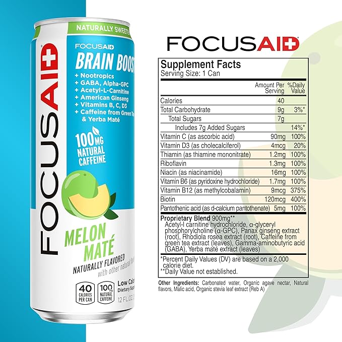 FOCUSAID Energy Blend, Brain Boosting Nootropics Drink, Alpha-GPC, GABA, B-Complex, Yerba Mate