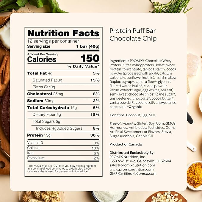 ProMix Nutrition Protein Puff Bars, 12-Pack - Chocolate Chip - Marshmallow Crispy Treat - Great
