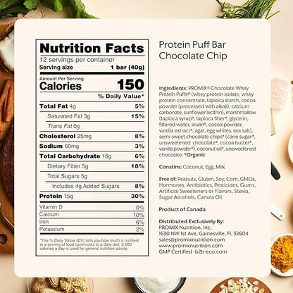 ProMix Nutrition Protein Puff Bars, 12-Pack - Chocolate Chip - Marshmallow Crispy Treat - Great
