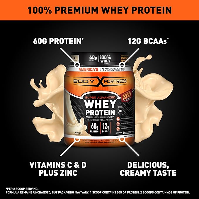 Body Fortress Super Advanced Whey Protein Powder, Vanilla, Immune Support (1), Vitamins C & D Plus