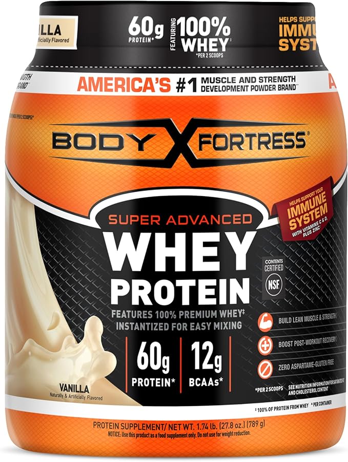 Body Fortress Super Advanced Whey Protein Powder, Vanilla, Immune Support (1), Vitamins C & D Plus