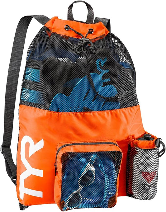 TYR Big Mesh Mummy Backpack For Wet Swimming, Gym, and Workout Gear , Orange