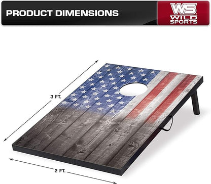 Wild Sports 2’x3’ or 2’x4’ Cornhole Outdoor Game Set, USA Flag or Natural Wood Options with Carry