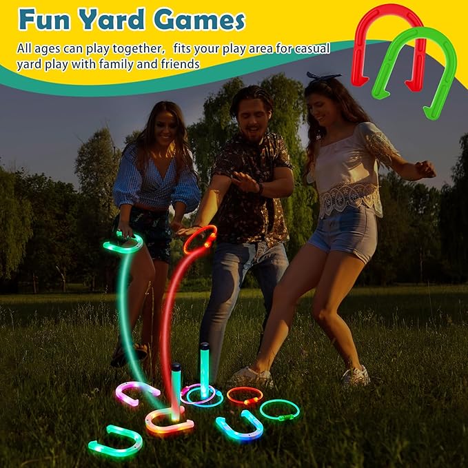 Liliful 20 Pcs Ring Toss Glow in Dark Games Valentines Outdoor Ring Toss Games with LED Yard Ring