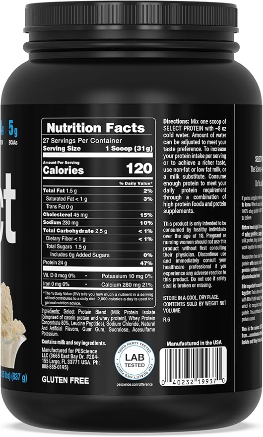 PEScience Select Protein Powder, Whey and Casein Blend, Clean Protein Powder for Women and Men, Low