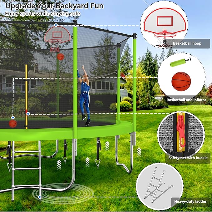 Upgraded 10/12/14/15/16FT Trampoline Outdoor, Large Kids Trampoline with Light, Stakes, Sprinkler